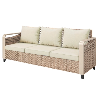Outsunny Rattan 3-Seater Patio Sofa with Cushions, Beige