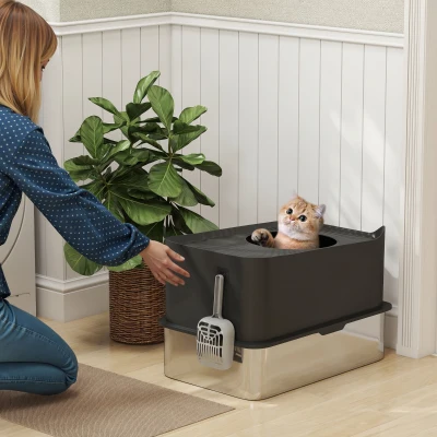 PawHut Extra Large Stainless Steel Enclosed Cat Litter Box, Black