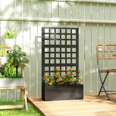 Outsunny Galvanized Raised Garden Bed with Trellis, 24"x9"x44.5", Black