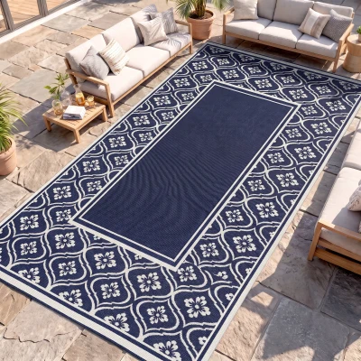 Outdoor Rug 215.7" x 107.9" x 0.12" Blue and White Gourd Border