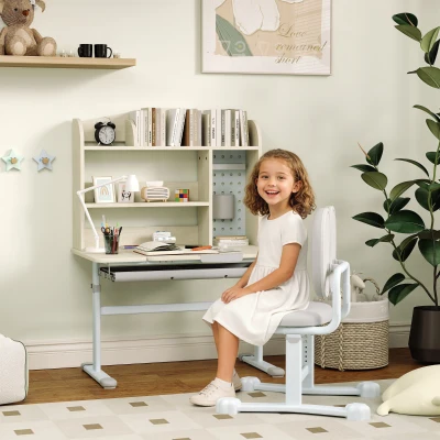 Qaba Kids Adjustable Study Desk & Chair Set with Hutch, Gray