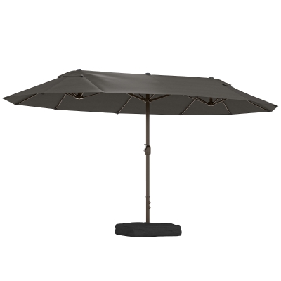 Outsunny 15' Outdoor Patio Umbrella with Twin Canopy Sunshade Steel Table Umbrella w/ Lift Crank, Cross Base, Sandbag, Dark Grey