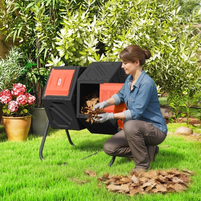 Outsunny Rotating Composter, Dual Chamber Compost Bin with 24 Vents and Steel Legs, 34.5 Gallon, Orange