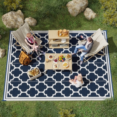 Outsunny 9'x12' Reversible Outdoor RV Rug, Patio Floor Mat, Plastic Straw Rug for Backyard, Deck, Beach, Camping, Dark Blue