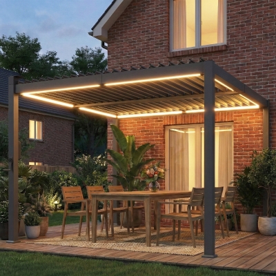 Outsunny 10 x 10 ft Louvered Pergola with Solar LED lights, Metal Roof, Outdoor Pergola Gazebo with Drainage Gutters, Black