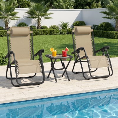 Outsunny Zero Gravity Chair Set of 2 Patio Chair with Side Table Cupholders and Pillows for Pool, Backyard, Lawn, Beige