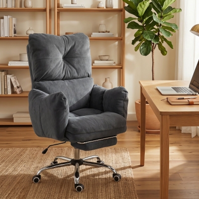 HOMCOM Office Chair with Foot Rest, Ergonomic Reclining Computer Gaming Chair w/ Snow Flannel Fabric, Thick Cushion, Dark Grey