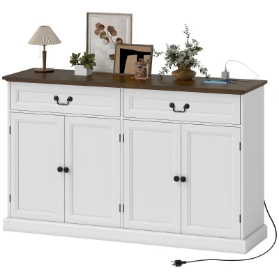 HOMCOM Buffet Cabinet, 55" Farmhouse Sideboard with Charging Station, 2 Drawers and 2 Adjustable Shelves, White Wood Grain