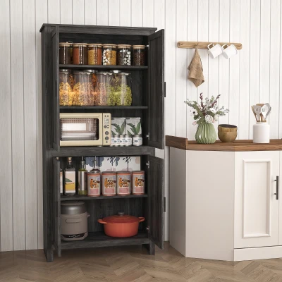 HOMCOM 64" Kitchen Pantry Cabinet, 4-Door with Adjustable Shelves, Gray Oak