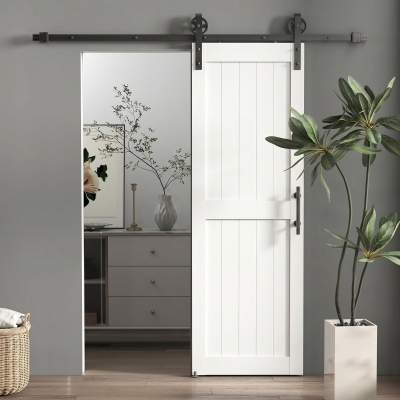 HOMCOM 28inx84in Barn Door with 5FT Sliding Door Hardware Kit, Handle, Upgraded Rollers and Floor Guide, Waterproof, White