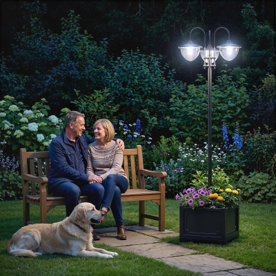 Outsunny 74.5" 3-head Solar Lamp Post Light with Planter, Solar Pole Lights Outdoor Waterproof LED Lighting for Backyard Pathway Patio Lawn Driveway Decor, Black