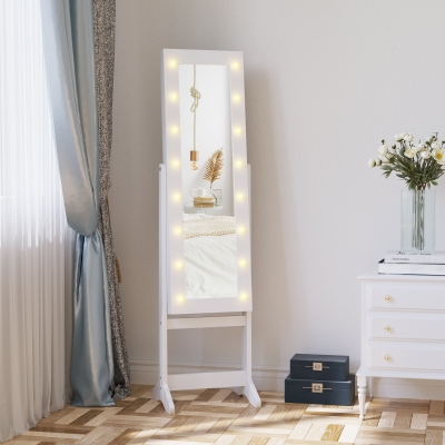 HOMCOM Free Standing Armoire Organizer, Lighted Mirrored Jewelry Cabinet w/ Angle Adjustable & 16 LED Lights Warm White