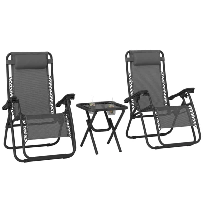 Outsunny Zero Gravity Chair Set of 2 Patio Chair with Side Table Cupholders and Pillows for Pool, Backyard, Lawn, Beach, Grey
