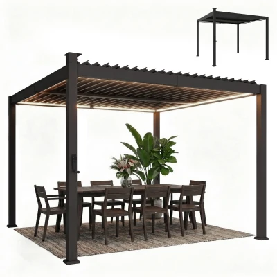 Outsunny 10 x 10 ft Louvered Pergola with Solar LED lights, Metal Roof, Outdoor Pergola Gazebo with Drainage Gutters, Black