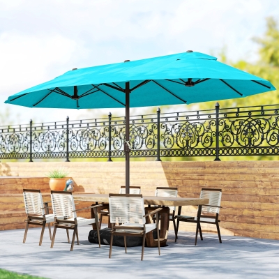 Outsunny 15' Outdoor Patio Umbrella with Twin Canopy Sunshade Steel Table Umbrella w/ Lift Crank, Cross base, Sandbag, Light Blue