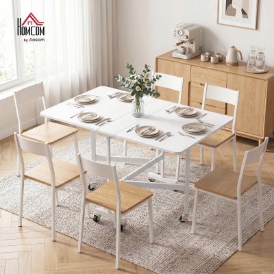 HOMCOM Six-Seater Drop-Leaf Dining Table with Wheels, White
