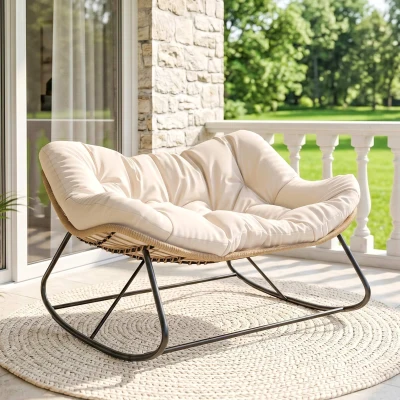 Outsunny Double Papasan Rocking Chair with Cushion, Indoor Outdoor, Cream
