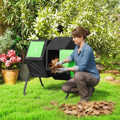 Outsunny Rotating Composter, Dual Chamber Compost Bin with 24 Vents and Steel Legs, 34.5 Gallon, Green
