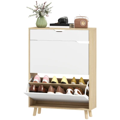 HOMCOM Narrow Shoe Cabinet for Entryway with 2 Flip Drawers, Top Drawer and Adjustable Shelves for 12 Pairs of Shoes, White