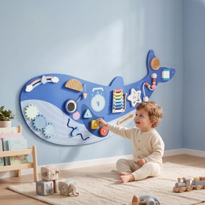 Qaba Whale Activity Wall Busy Board, 13 in 1 Montessori Sensory Wall Panel for Playroom Nursery Classroom Boys Girls 2+, Blue