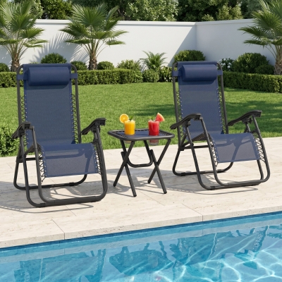 Outsunny Zero Gravity Chair Set of 2 Patio Chair with Side Table Cupholders and Pillows for Pool, Backyard, Lawn, Blue