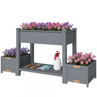 Outsunny Wooden Raised Garden Bed with 2 Foldable Side Pots, Raised Planter with Storage Shelf and Drainage Holes