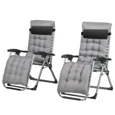 Outsunny Folding Garden Chairs Set of 2, Reclining Zero Gravity Chair, Sun Lounger with Cushion and Headrest, Dark Grey