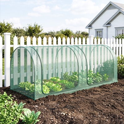 Outsunny 8' x 3' Crop Cage, Garden Plant Protector, with 3 Zippered Doors and 6 Ground Stakes, for Garden, Yard, Lawn Dark Green