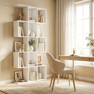 HOMCOM 5-Tier Bookshelf, S Shaped Geometric Bookcase with 15 Compartments, White Wood Grain