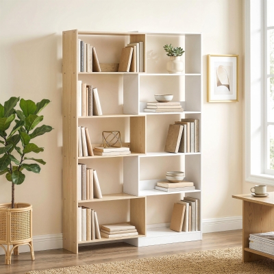 HOMCOM Corner Bookshelf, 5-Tier L-Shaped Bookcase with 350° Rotating Design, Two-Tone Design, Fruitwood/White