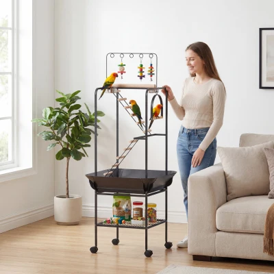 PawHut 64"H Rolling Parrot Stand with Seed Guard, Ladders, Swing