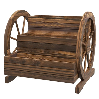 Outsunny Wooden Wagon Planter Box, 3-Tier Raised Garden Bed, for Vegetables Flowers Herbs, 24" x 24" x 22", Carbonized