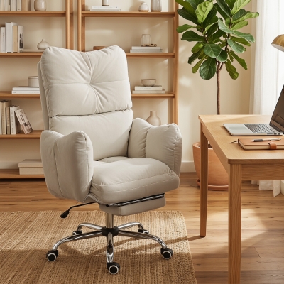 HOMCOM Office Chair with Foot Rest, Ergonomic Reclining Computer Gaming Chair with Snow Flannel Fabric, Thick Cushion, Cream