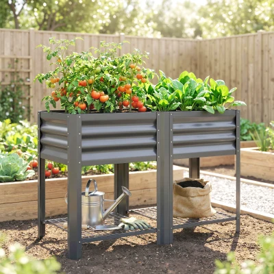 Outsunny Raised Garden Bed Steel Elevated Planter with Shelf, 31.5", Gray