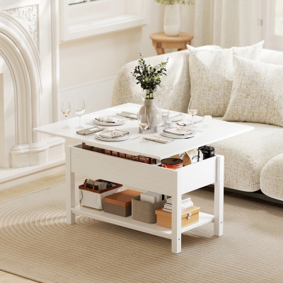 HOMCOM Lift Top Coffee Table with Storage and Hidden Compartment, Modern Convertible Center Table for Living Room, White