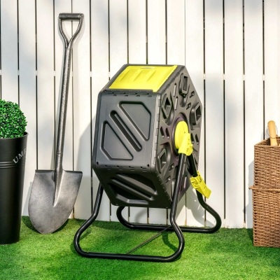 Outsunny Rotating Composter, Compost Bin with 24 Vents and Steel Legs, 17 Gallon, Yellow