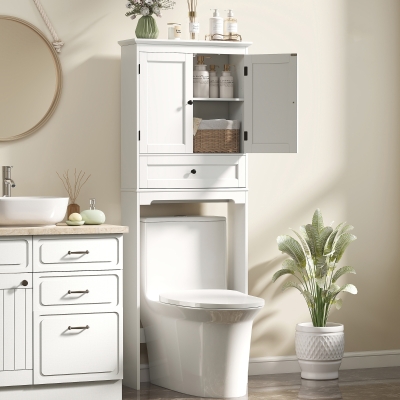 HOMCOM Over The Toilet Storage, Modern Bathroom Cabinet Over Toilet with Drawer, Cabinet and Adjustable Shelf, White
