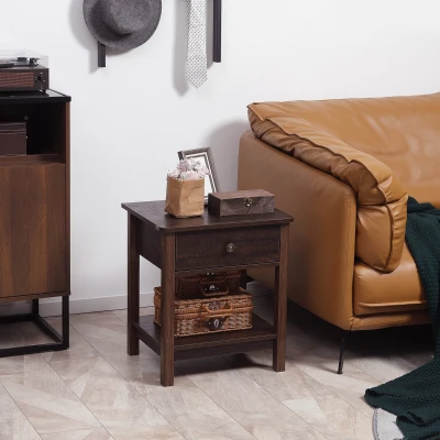 HOMCOM End Table Set, Drawer & Shelf, Small Spaces, Dark Brown