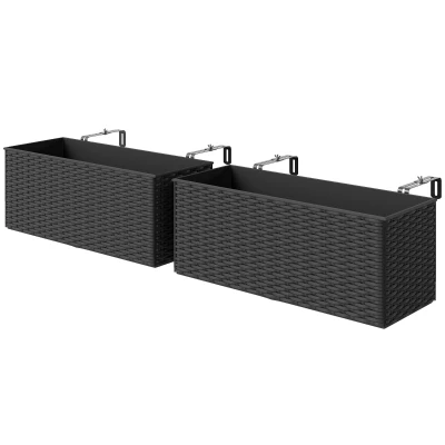 Outsunny 2 Pack 20 Inch Hanging Flower Pots, Railing Planter Box for Fence, Garden, Rattan Look, Black