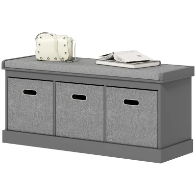 HOMCOM Shoe Storage Bench with Seat, Entryway Bench Seat with Cushion, 3 Fabric Drawers for Hallway, Dark Grey