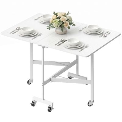 HOMCOM Six-Seater Drop-Leaf Dining Table with Wheels, White