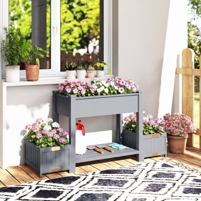 Outsunny Wooden Raised Garden Bed with 2 Foldable Side Pots, Raised Planter with Storage Shelf and Drainage Holes