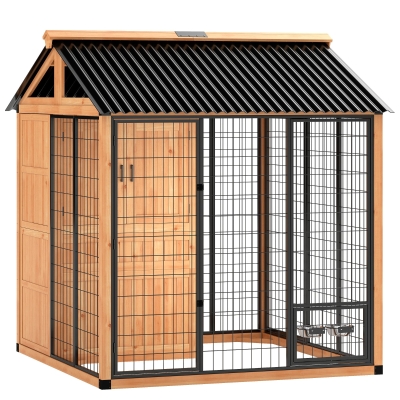 PawHut 7' x 6' Wood Outdoor Dog House with Storage & Bowls, Yellow