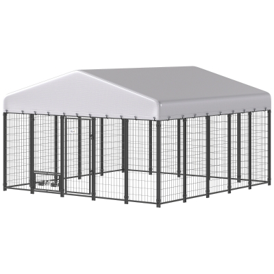 PawHut 9.8' x 9.8' Outdoor Dog Kennel with Rotating Bowls & Cover