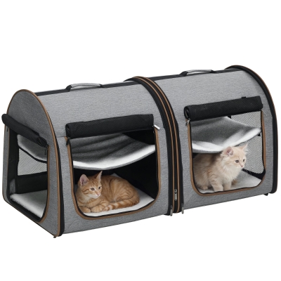 PawHut 39" Portable Cat Carrier, 2 Compartments, Light Gray