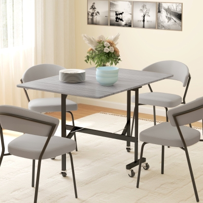 HOMCOM Six-Seater Drop-Leaf Dining Table with Wheels, Grey