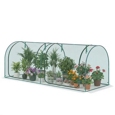 Outsunny 8' x 3' Crop Cage, Garden Plant Protector, with 3 Zippered Doors and 6 Ground Stakes, for Garden, Yard, Lawn Dark Green