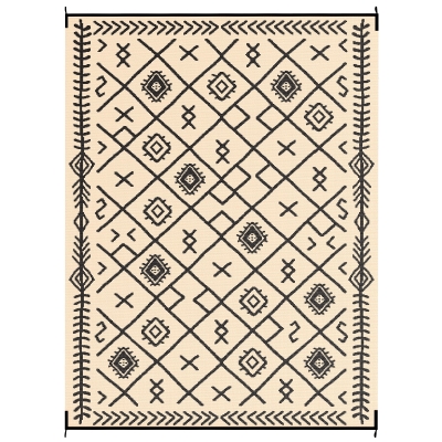 Outdoor Rug 143.7" x 107.9" x 0.12" Black and Beige Rhombus