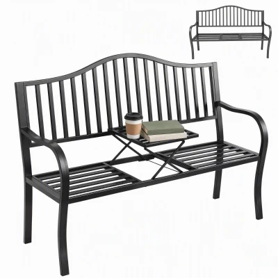 Outsunny Outdoor Bench with Retractable Middle Table, Metal Frame Patio Loveseat with Slatted Seat and Backrest, Curved Armrests, Black