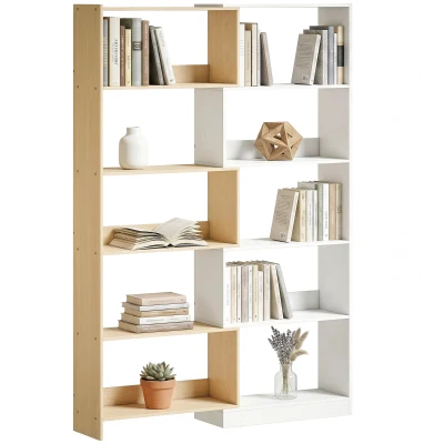HOMCOM Corner Bookshelf, 5-Tier L-Shaped Bookcase with 350° Rotating Design, Two-Tone Design, Fruitwood/White